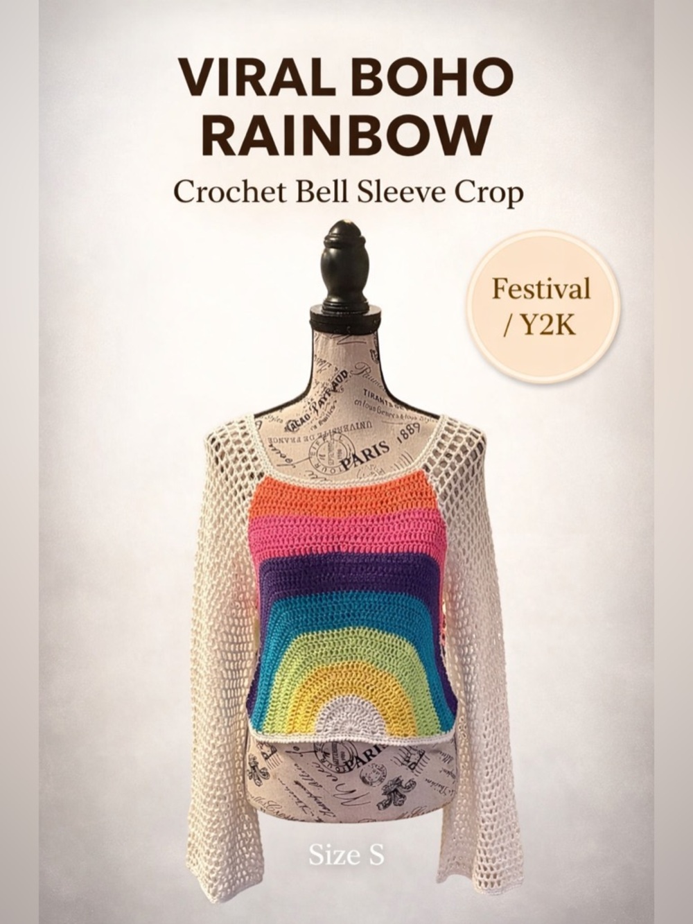 CHY Fashion Rainbow Crochet Crop Bell Sleeve Festival Y2K Top Boho S NWOT